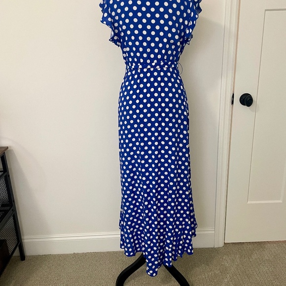Grecerelle Spring Dress, V Neck Maxi,  Blue/White Polka Dots, M, EUC - Picture 7 of 9